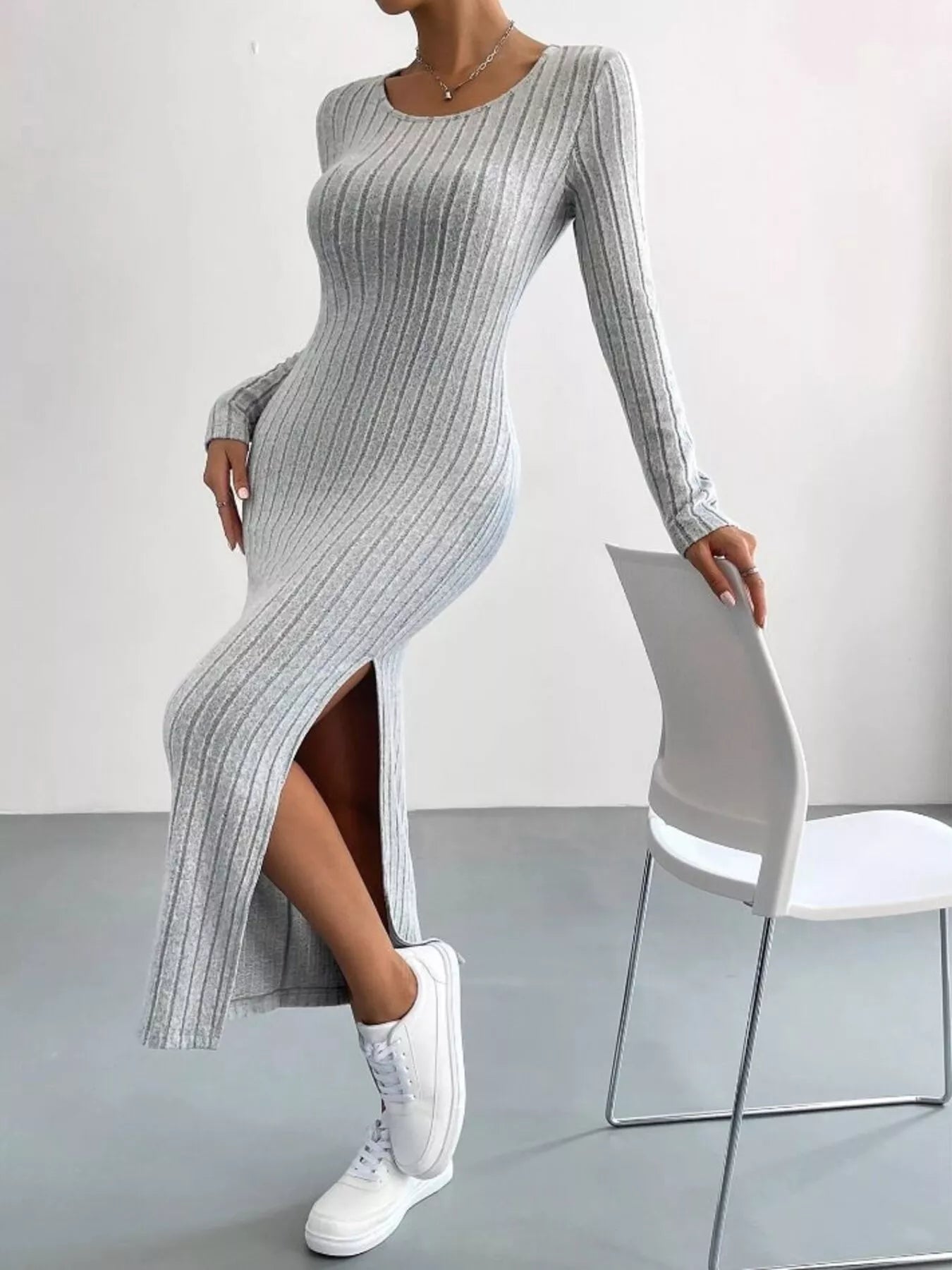 Sarah Express Women's Full Size Ribbed Knit Bodycon Midi Dress Plus Size Light Gray