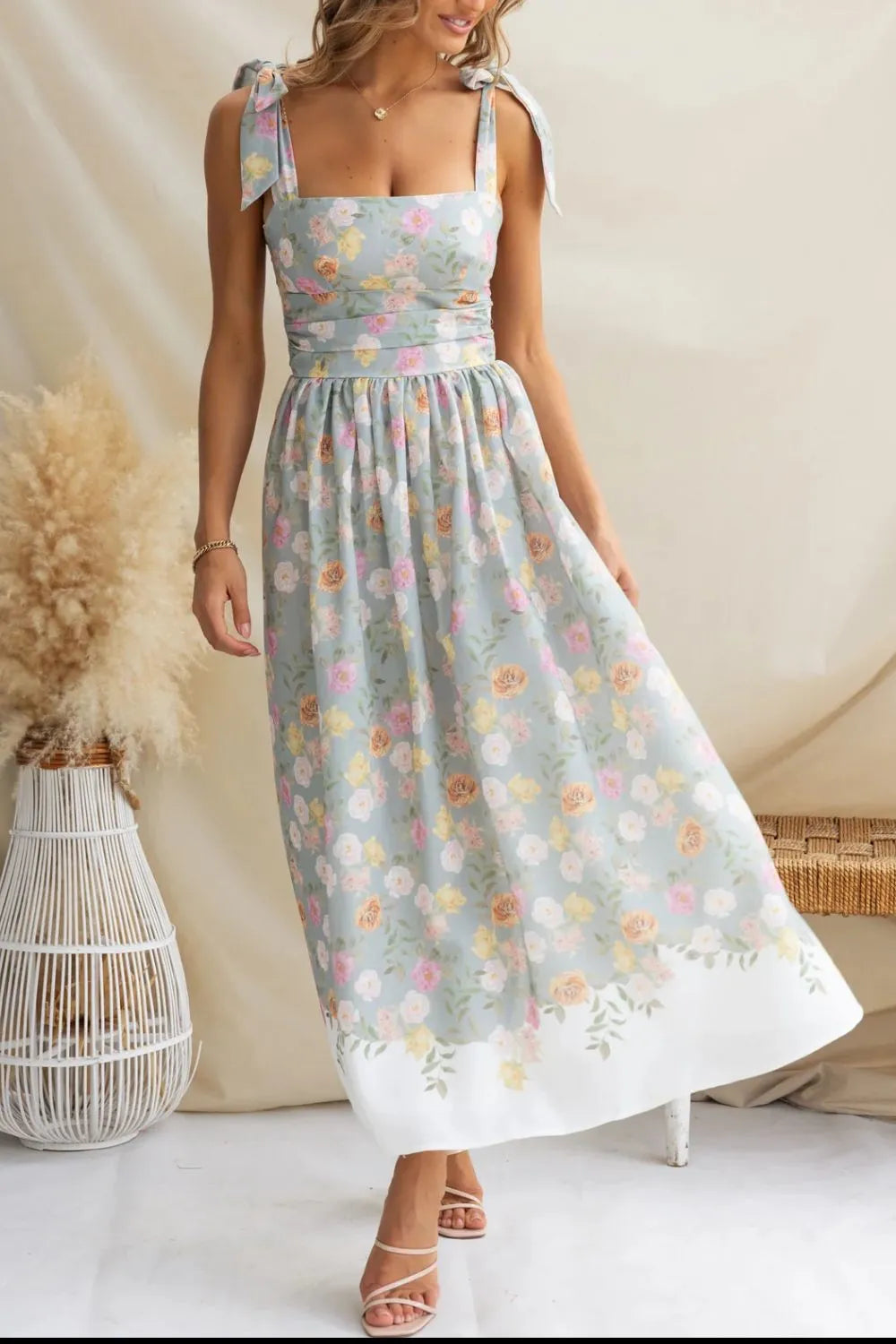 Sarah Express Women's Printed Tie Shoulder Midi Cami Dress Light Blue