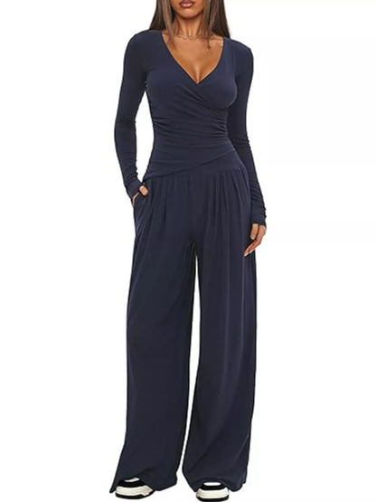 Sarah Express Women's Long Sleeve Top and Wide Leg Pants Set