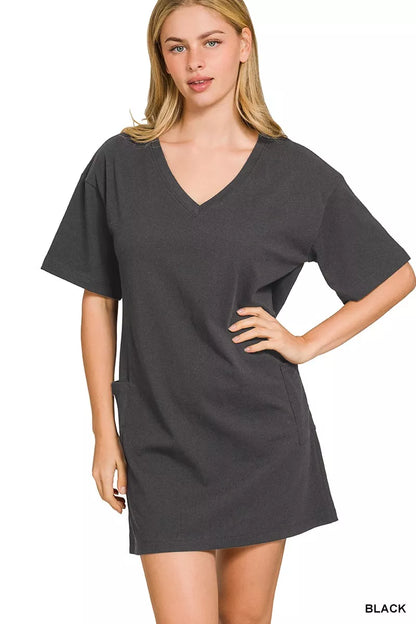 Sarah Express Women's V or Scoop Neck Reversible 2-Way T-Shirt Dress BLACK