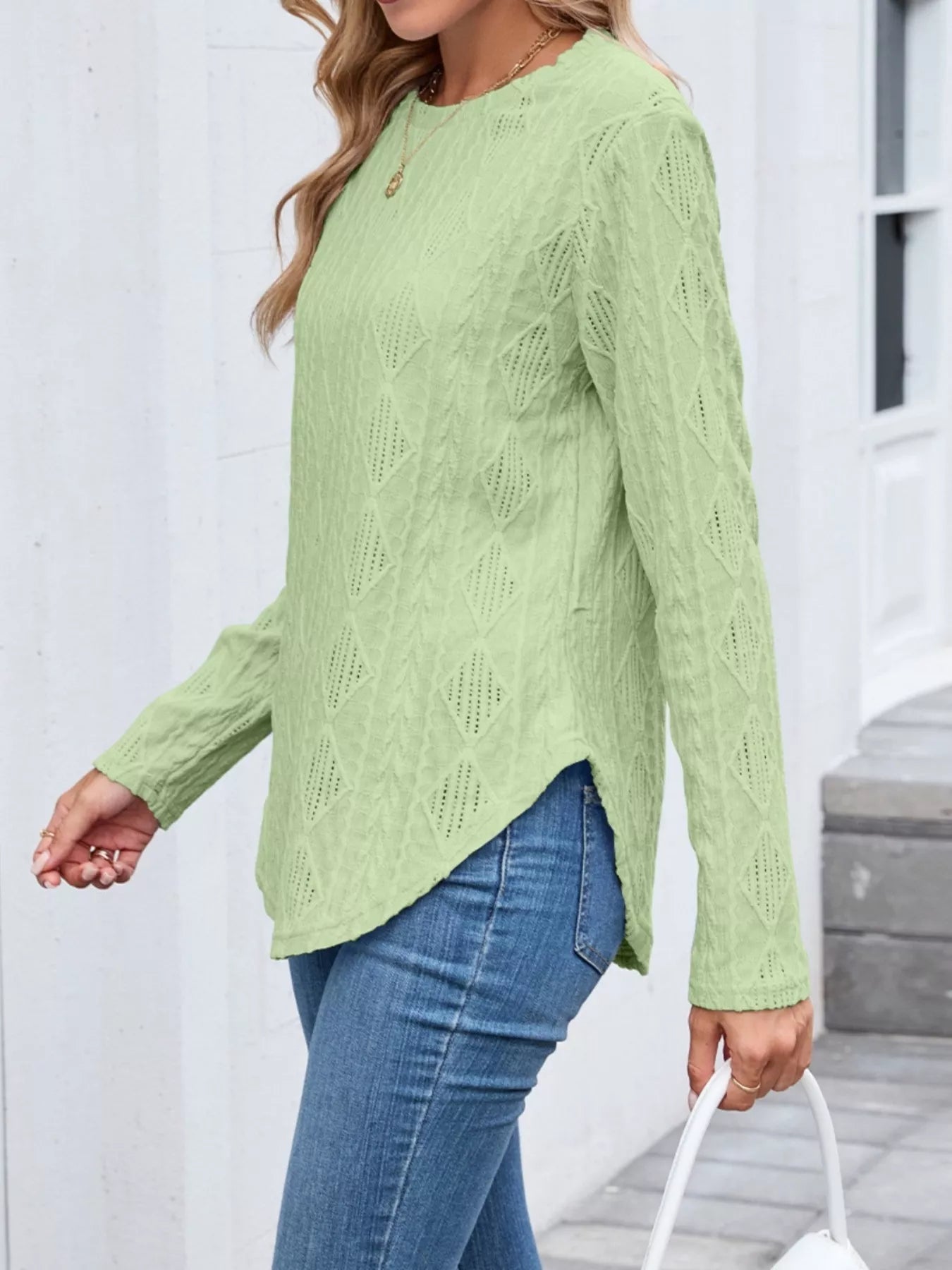 Sarah Express Women's Diamond Pattern Openwork Knit Long Sleeve Top