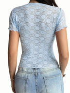 Sarah Express Women's Lace Short Sleeve T-Shirt with Bow Detail