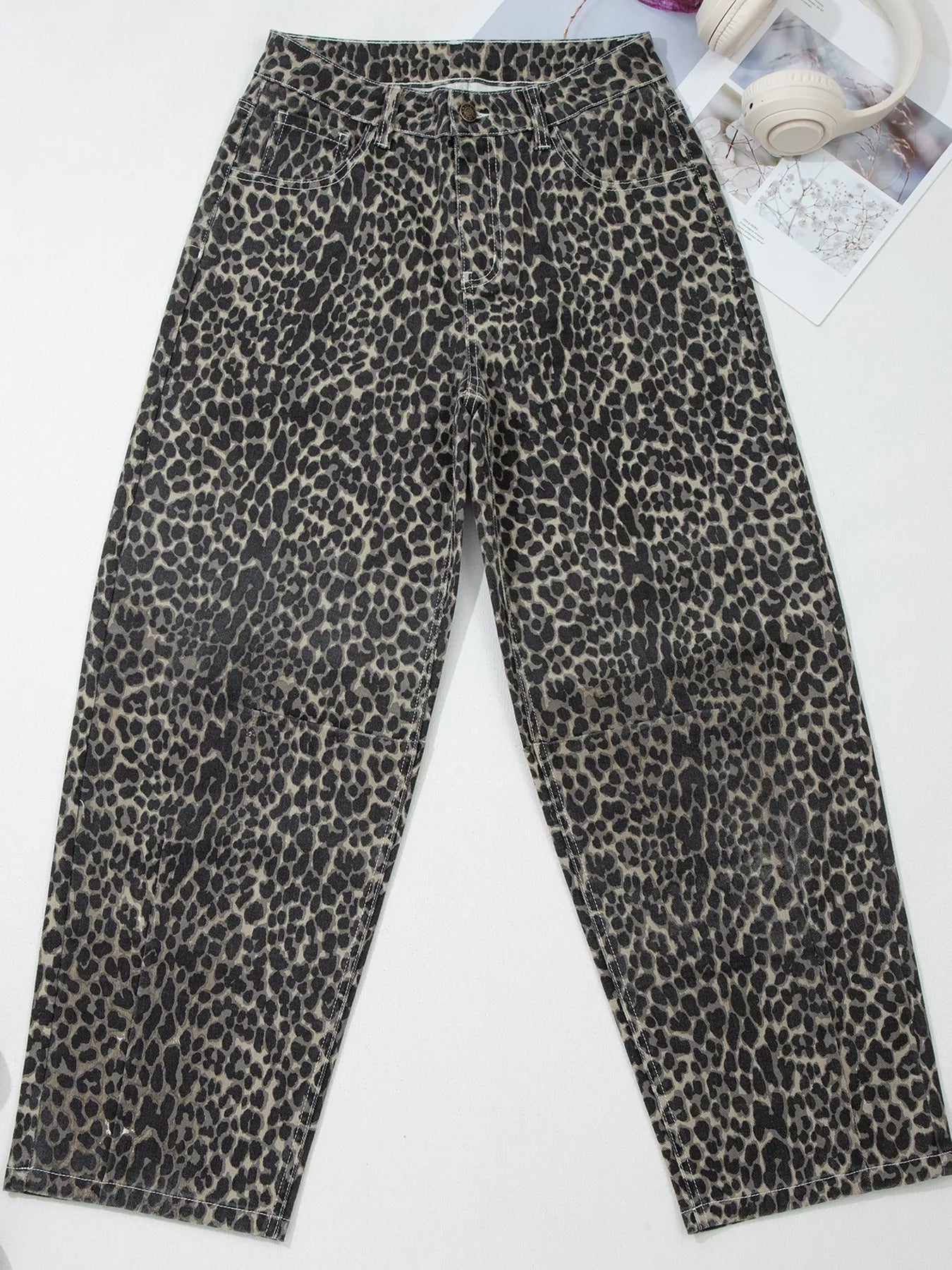 Sarah Express Women's Leopard Print High Waist Barrel Jeans
