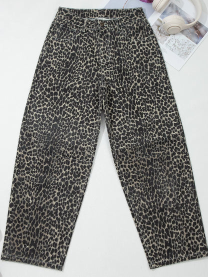 Sarah Express Women's Leopard Print High Waist Barrel Jeans