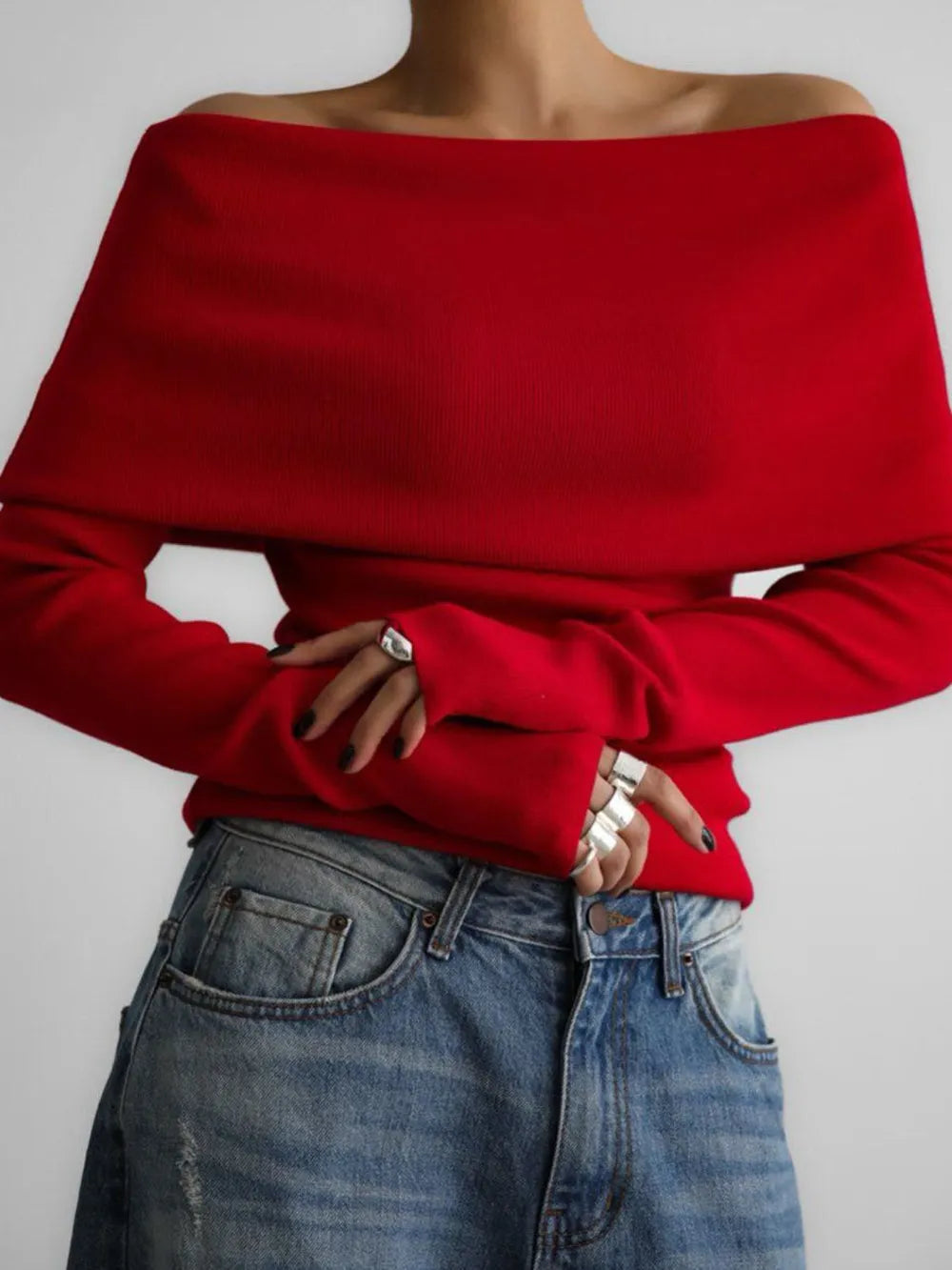 Sarah Express Women's Off-Shoulder Long Sleeve Knit Top Red