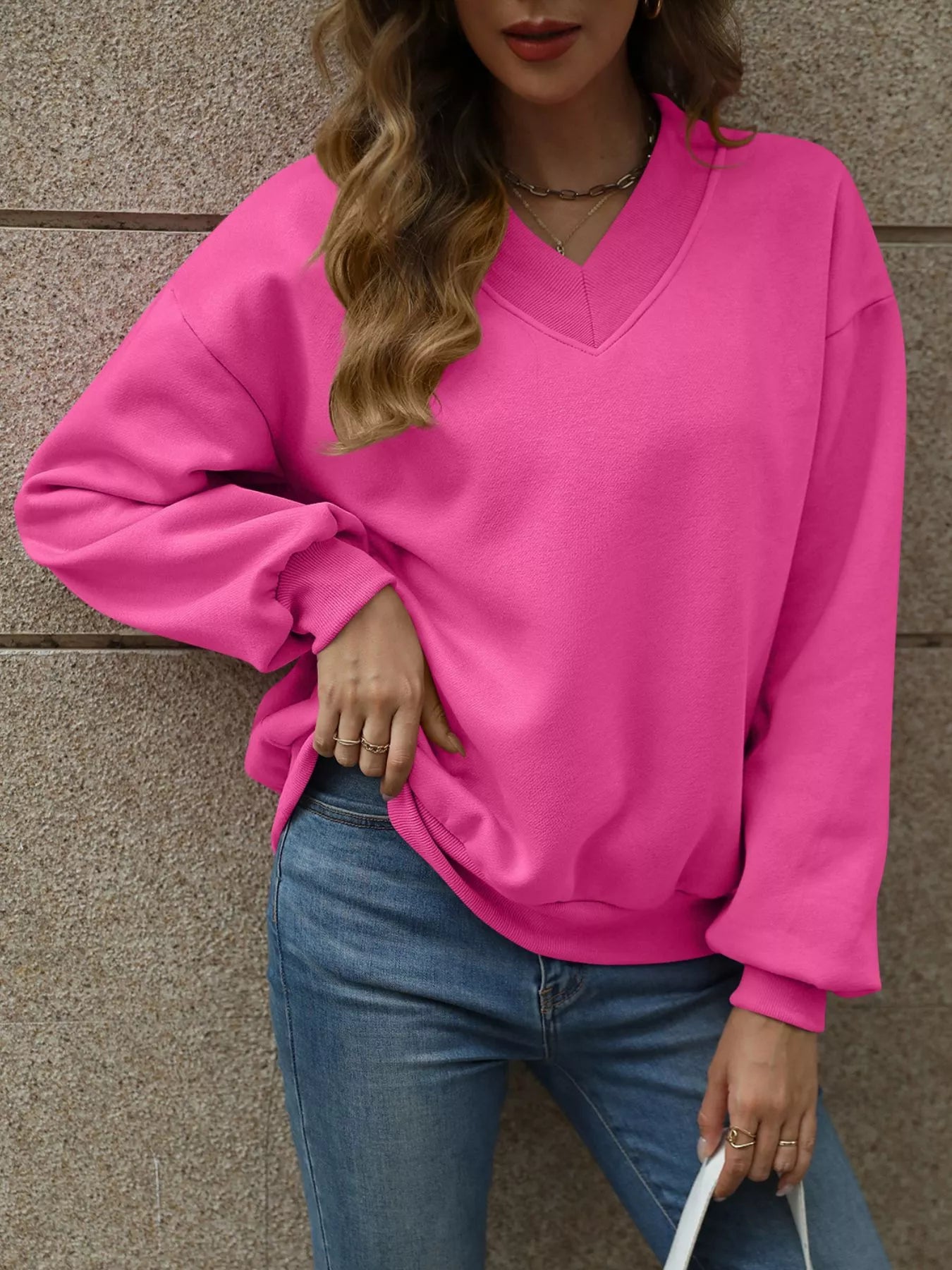 Sarah Express Women's V-Neck Solid Color Casual Sweatshirt Hot Pink