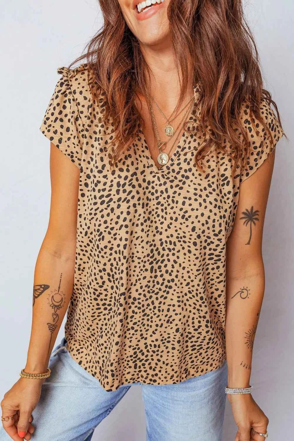 Sarah Express Women's Cheetah Print Ruffle V-Neck Blouse Short Sleeve Shirred Top Camel