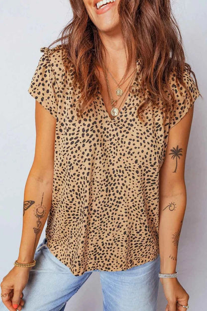 Sarah Express Women's Cheetah Print Ruffle V-Neck Blouse Short Sleeve Shirred Top Camel