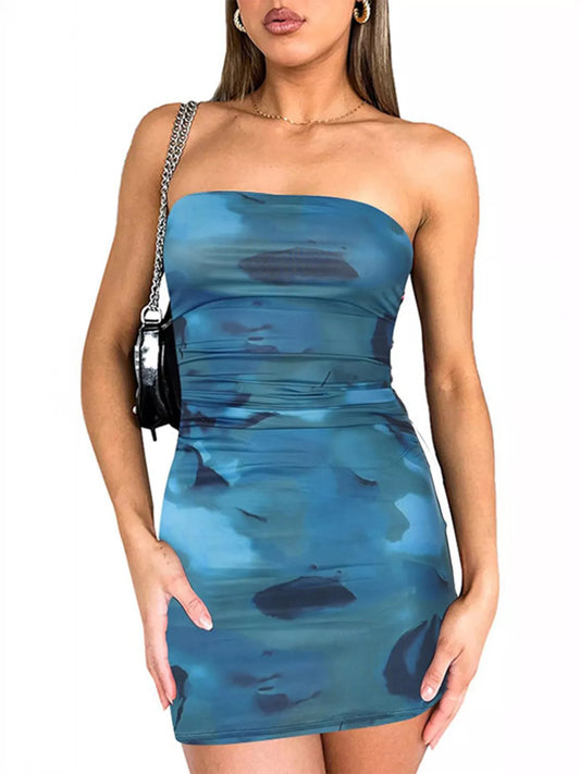 Sarah Express Women's Tie-Dye Ruched Bodycon Mini Dress Lake Blue