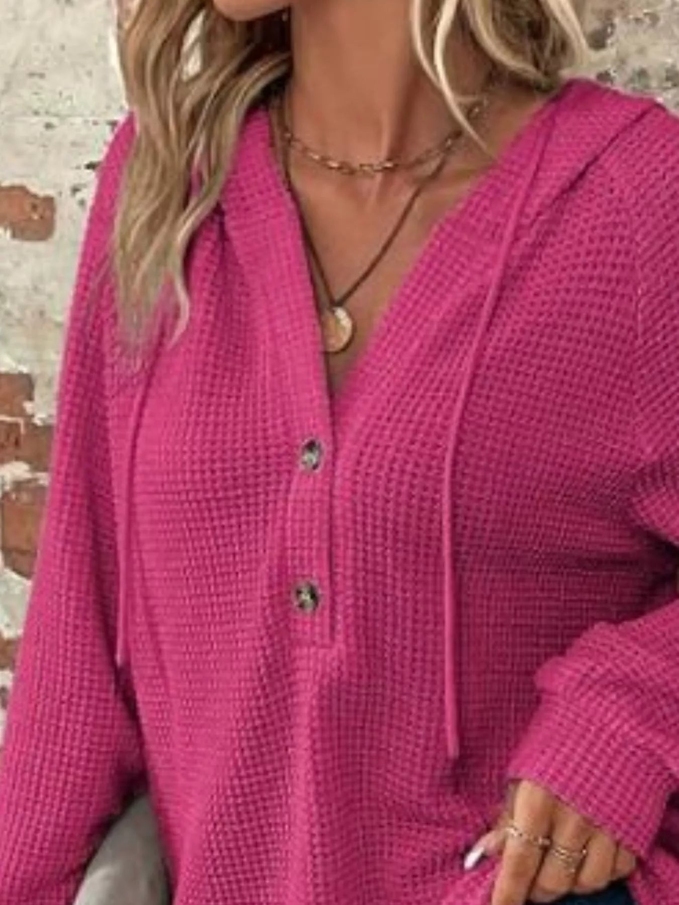 Sarah Express Women's Waffle Knit Button Detail Hoodie