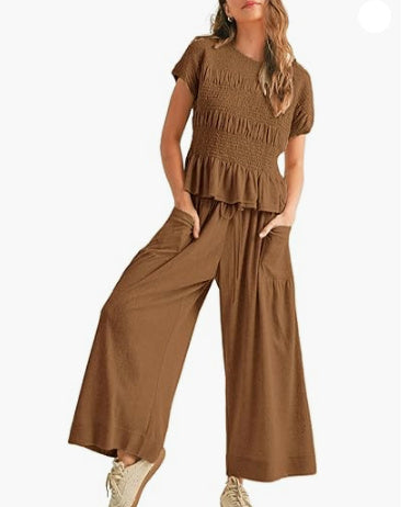 Sarah Express Pleated Top Wide Leg Pants 2-Piece Matching Set