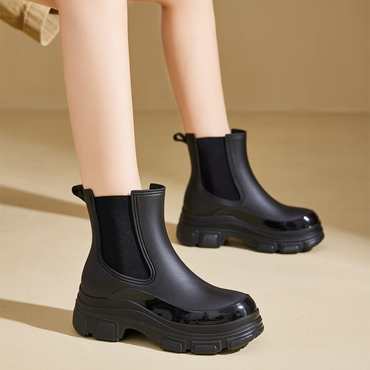 Sarah Express Women's Waterproof Martin Rain Boots | Thick Sole Mid-Calf PVC Boots | Black & Khaki