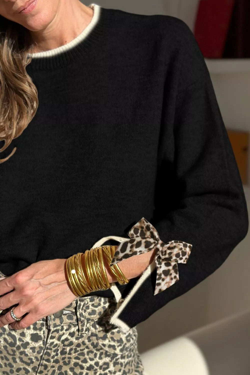 Sarah Express Women's Bow Decor Split Cuff Contrast Trim Sweater