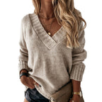 Sarah Express V-Neck Pullover Sweater Solid Color Long Sleeve Acrylic Mohair Blend Loose Fit