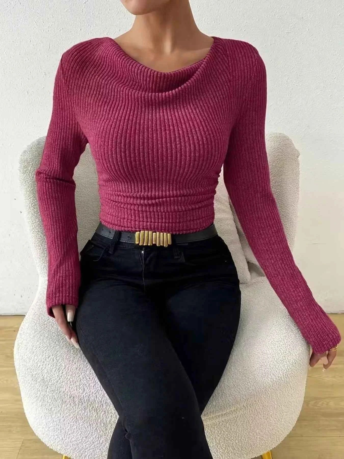 Sarah Express Women's Cowl Neck Ribbed Long Sleeve Sweater - Ruched Pullover Top