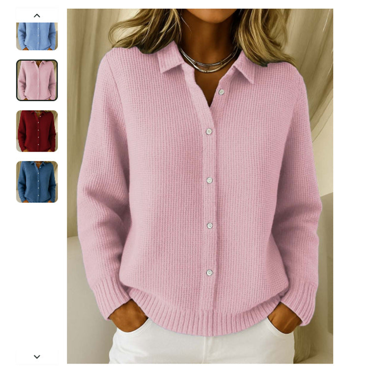 Sarah Express Women's Button Knit Cardigan Sweater - Long Sleeve Lapel Collar Winter Jumper Pink