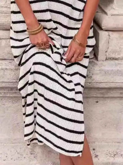 Sarah Express Women's Striped Knit Midi Dress with Slit - Short Sleeve