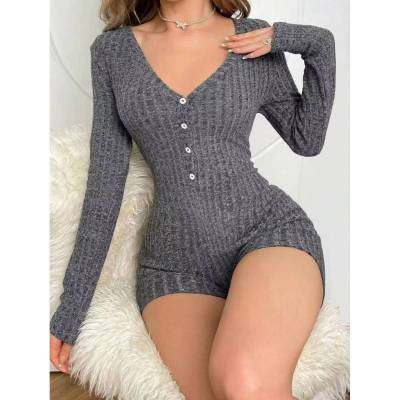 Sarah Express Women's Ribbed Knit Romper - Long Sleeve Slim Fit Jumpsuit Shorts