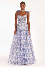 Sarah Express Women's Floral Off-Shoulder Halter Dress Lace-Up Organza Swing Dress with Digital Print