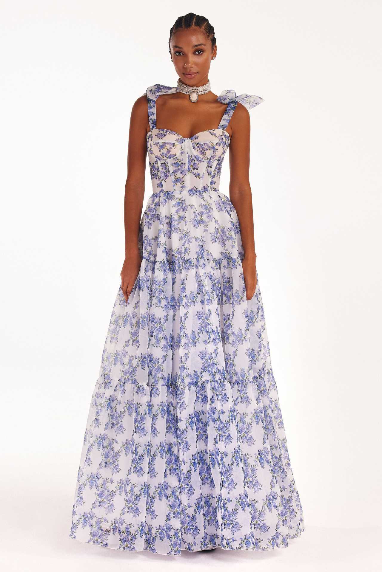 Sarah Express Women's Floral Off-Shoulder Halter Dress Lace-Up Organza Swing Dress with Digital Print