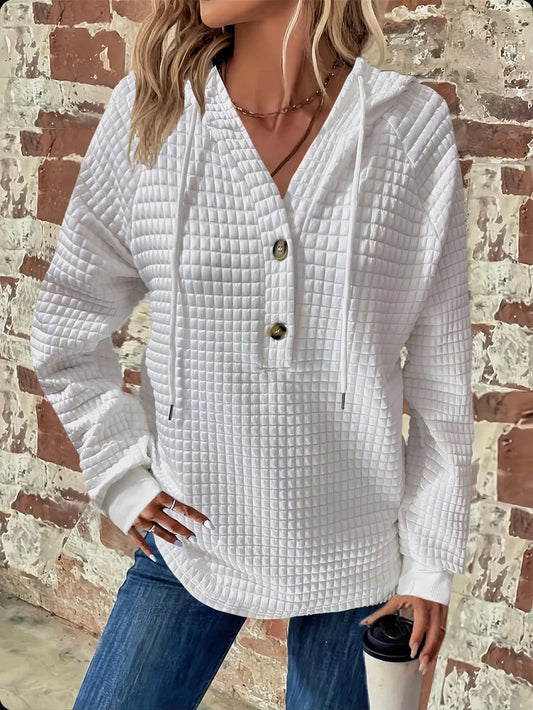 Sarah Express Women's Textured Button Detail Drawstring Long Sleeve Hoodie