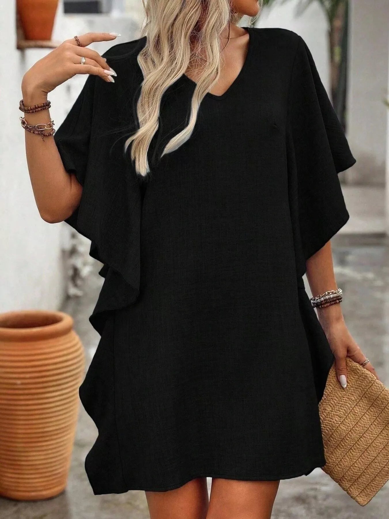 Sarah Express Women's Ruffled Flutter Sleeve V-Neck Mini Dress