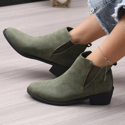 Trendsi Women's Point Toe Block Heel Ankle Boots Pure Green