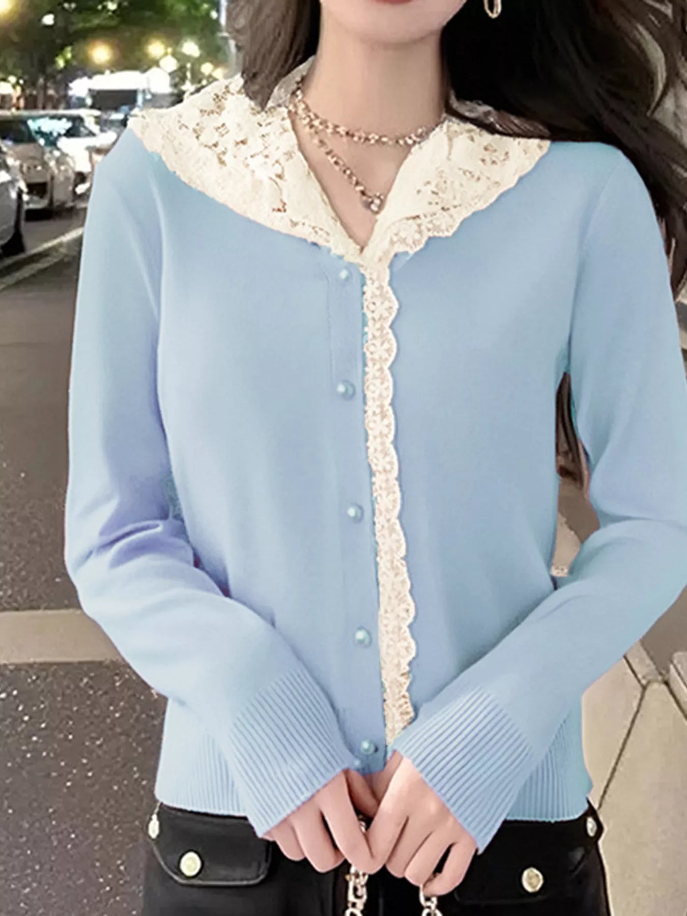 Sarah Express Women's Lace Trim Hooded Cardigan Blue One Size