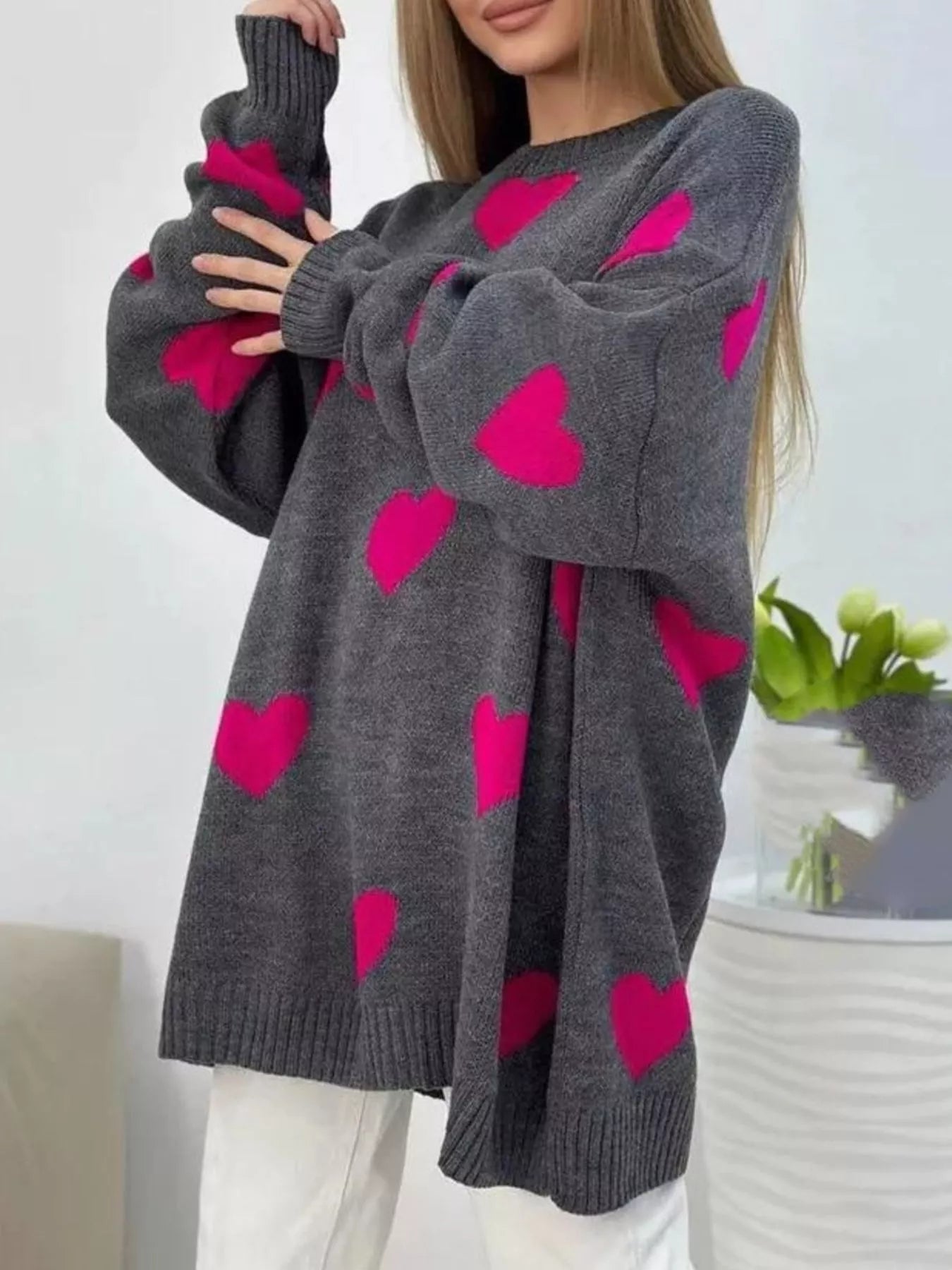 Sarah Express Women's Heart Round Neck Oversized Knit Sweater Dark Gray