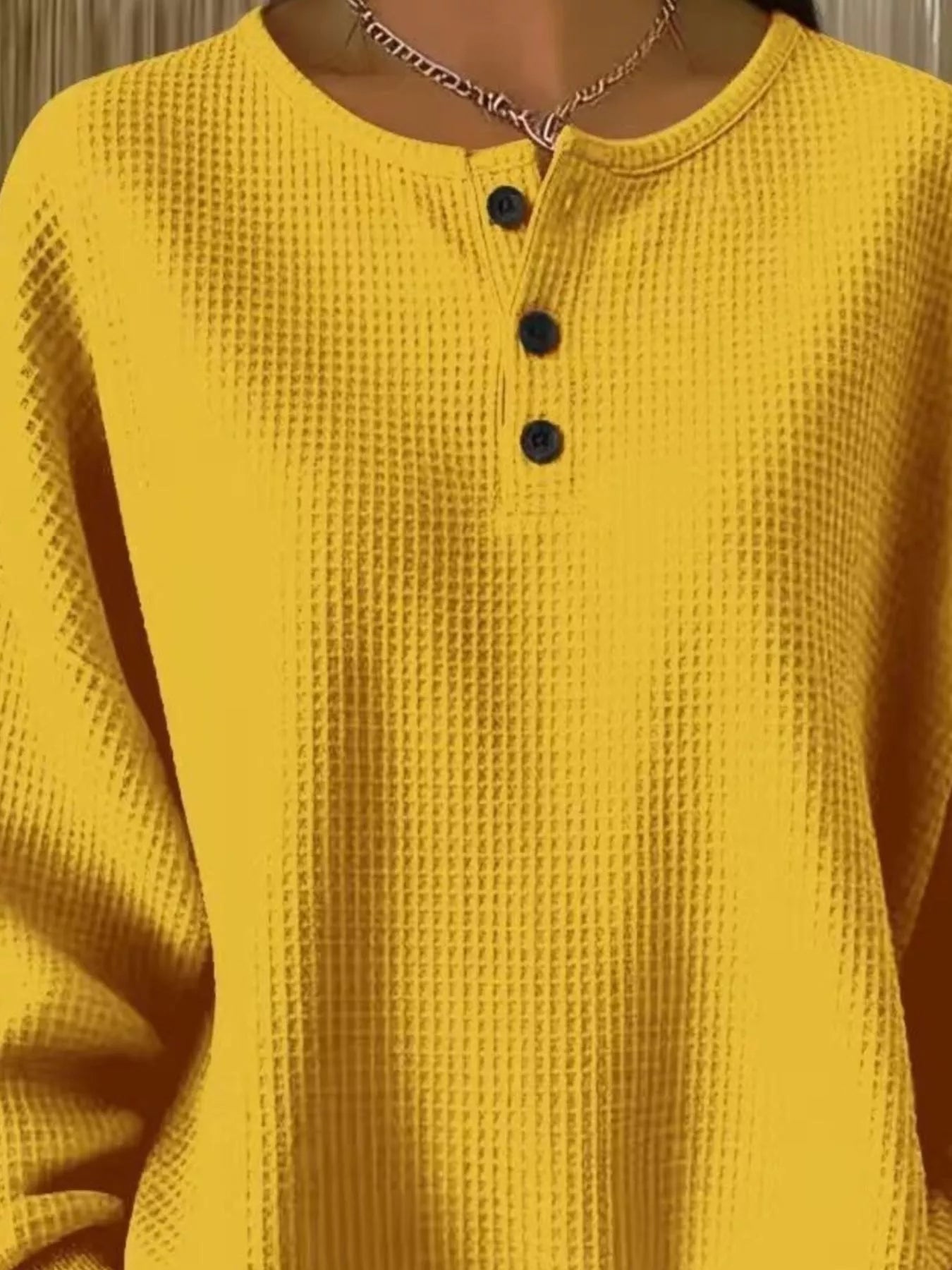 Sarah Express Women's Waffle Knit Button Detail Top - Plus Size Long Sleeve Casual Shirt