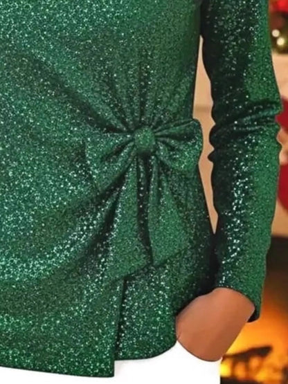 Sarah Express Women's Sequin Bow-Knot Long Sleeve Top - Plus Size Sparkle Blouse