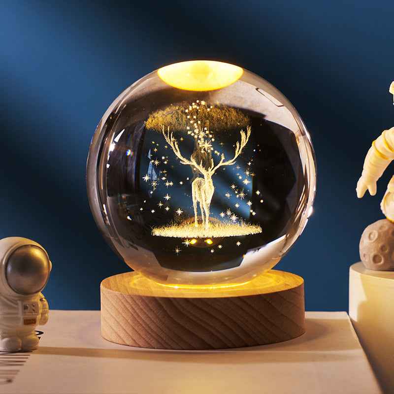 Sarah Express 3D Crystal Ball Night Light - Luminous Planetary Moon Galaxy Projection Lamp with Wooden Base Solid Wood Lamp Holder Deer Forest Wizard 6CM
