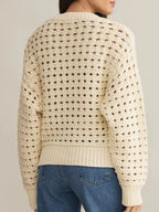 Sarah Express Women's Openwork Zip-Up Cardigan - Beige Acrylic Knit Sweater