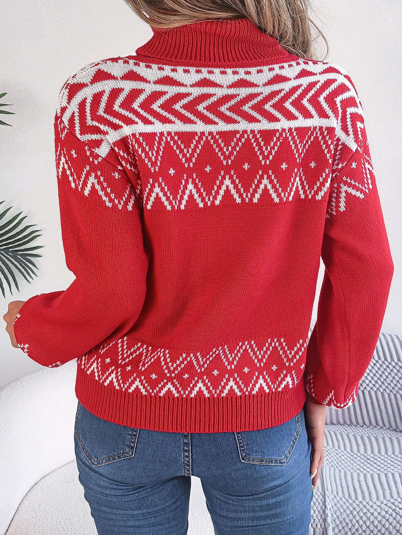 Sarah Express Women's Ethnic Style Vintage Jacquard Turtleneck Sweater with Lantern Sleeves