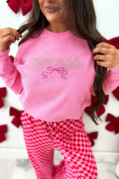 Sarah Express Women's Embroidered Rib Textured Long Sleeve Top - Casual Knit Pullover Sweater Fuchsia Pink