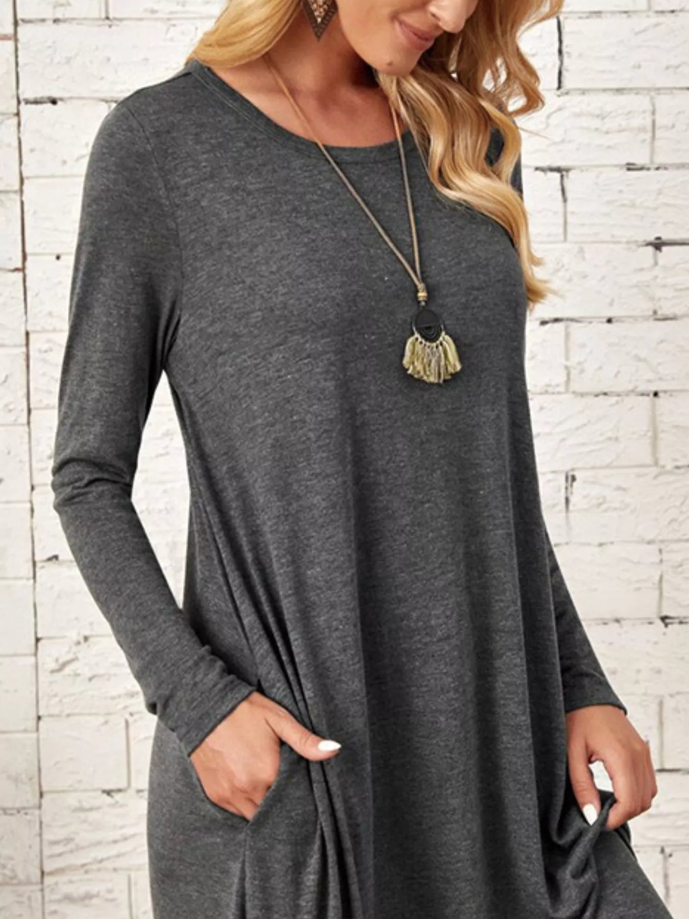 Sarah Express Women's Casual Long Sleeve Pocket Midi Dress