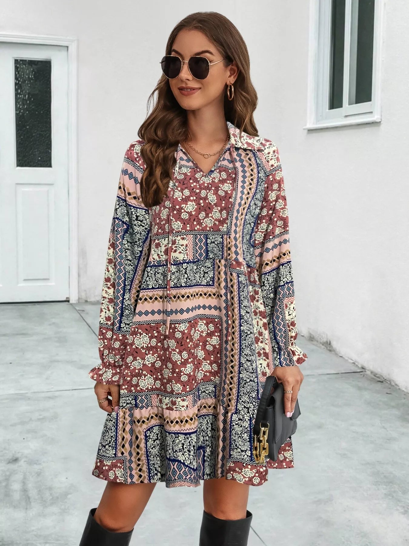 Sarah Express Women's Boho Floral Print Long Sleeve Mini Dress