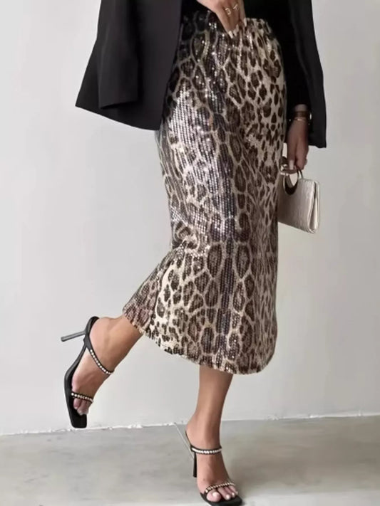 Sarah Express Women's Sequin Leopard Midi Skirt