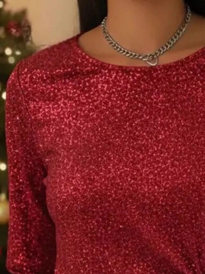 Sarah Express Women's Sequin Bow-Knot Long Sleeve Top - Plus Size Sparkle Blouse