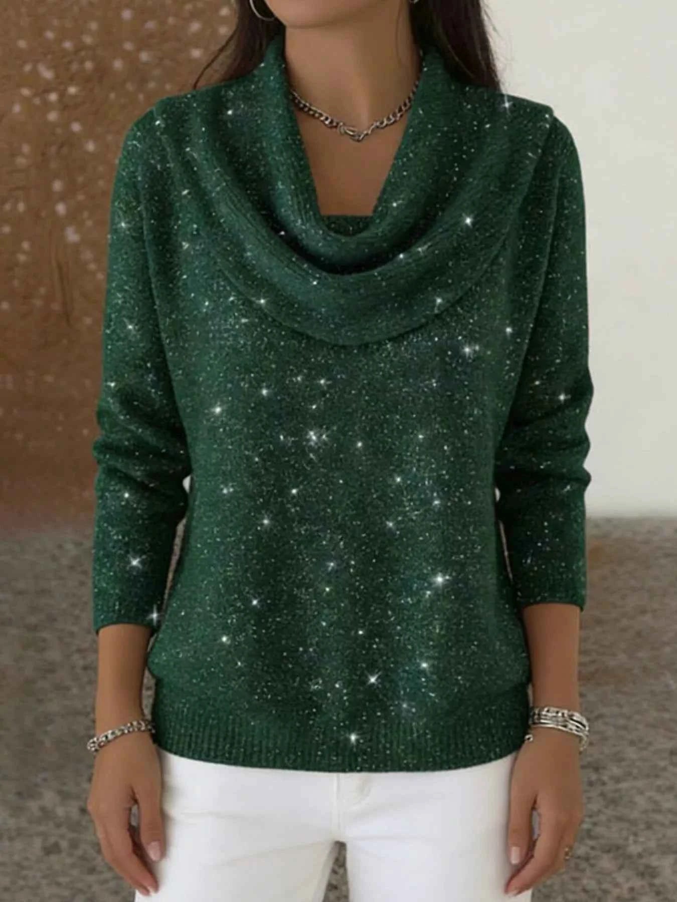 Sarah Express Women's Glitter Cowl Neck Long Sleeve Sweater Plus Size Green