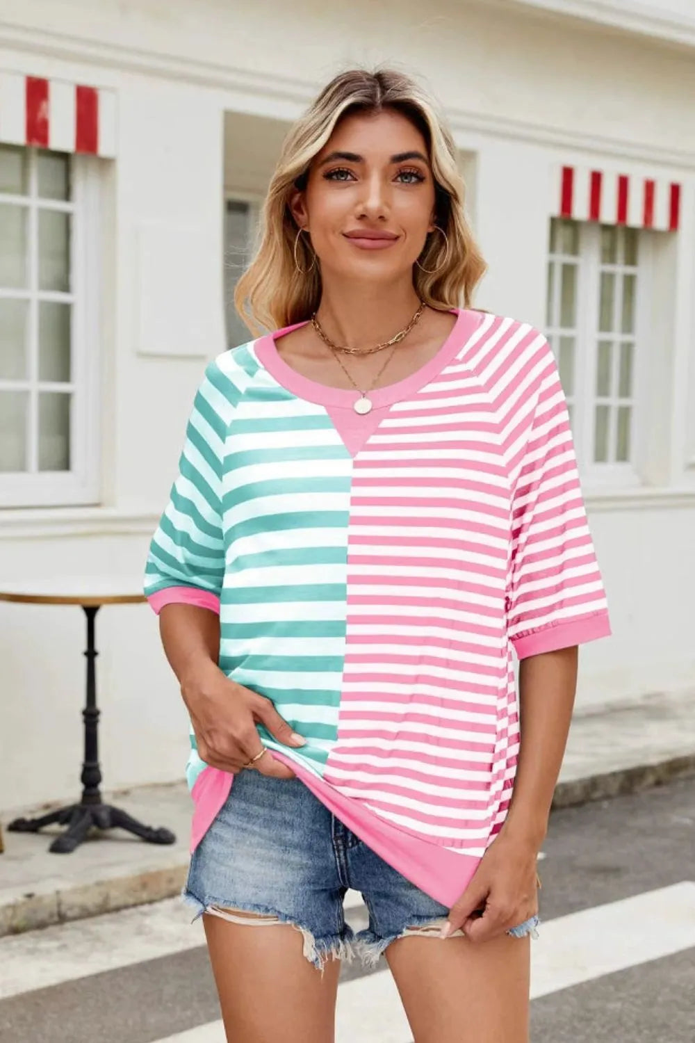 Sarah Express Women's Striped Round Neck Half Sleeve T-Shirt Green Pink