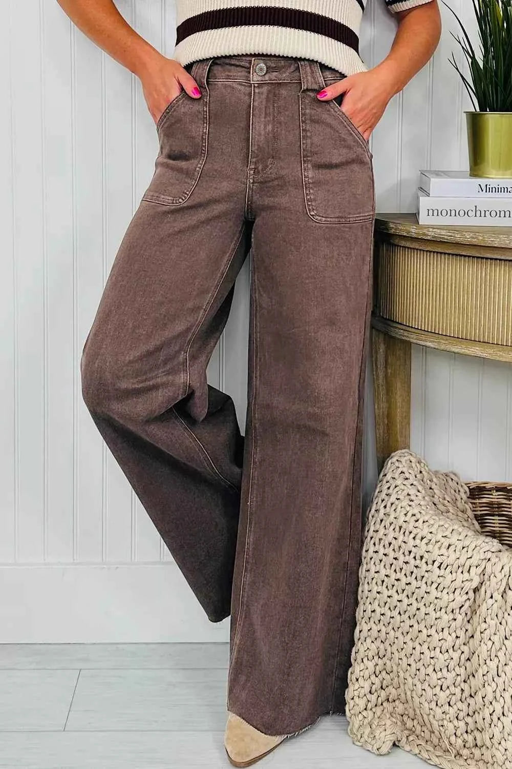 Sarah Express Women's Vintage Wash Wide Leg Jeans - High Waisted Denim Pants Brown