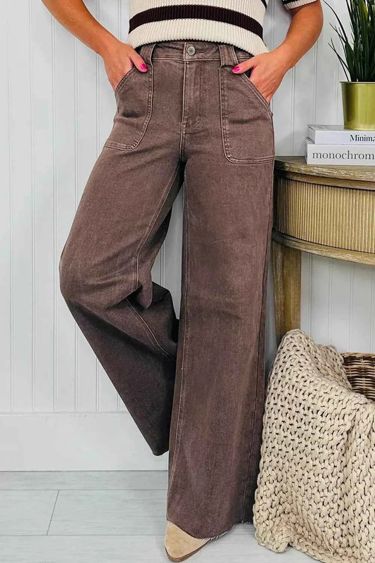 Sarah Express Women's Vintage Wash Wide Leg Jeans - High Waisted Denim Pants Brown