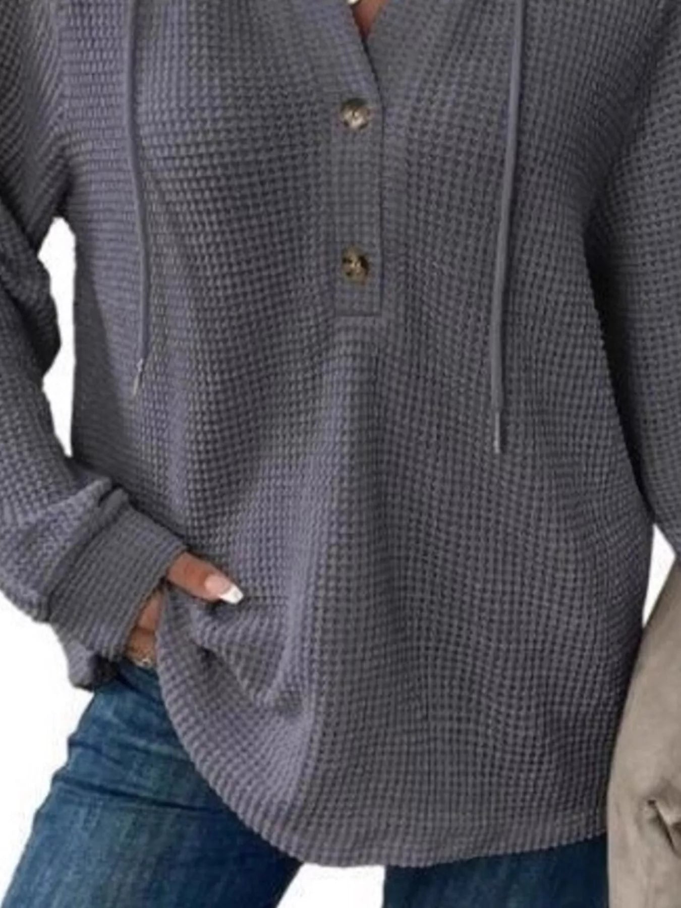 Sarah Express Women's Button Detail Waffle Knit Hoodie - Plus Size Drawstring Pullover with Pockets