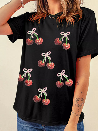 Sarah Express Women's Sequin Bow Cherry Patched Valentine's Tee Plus Size