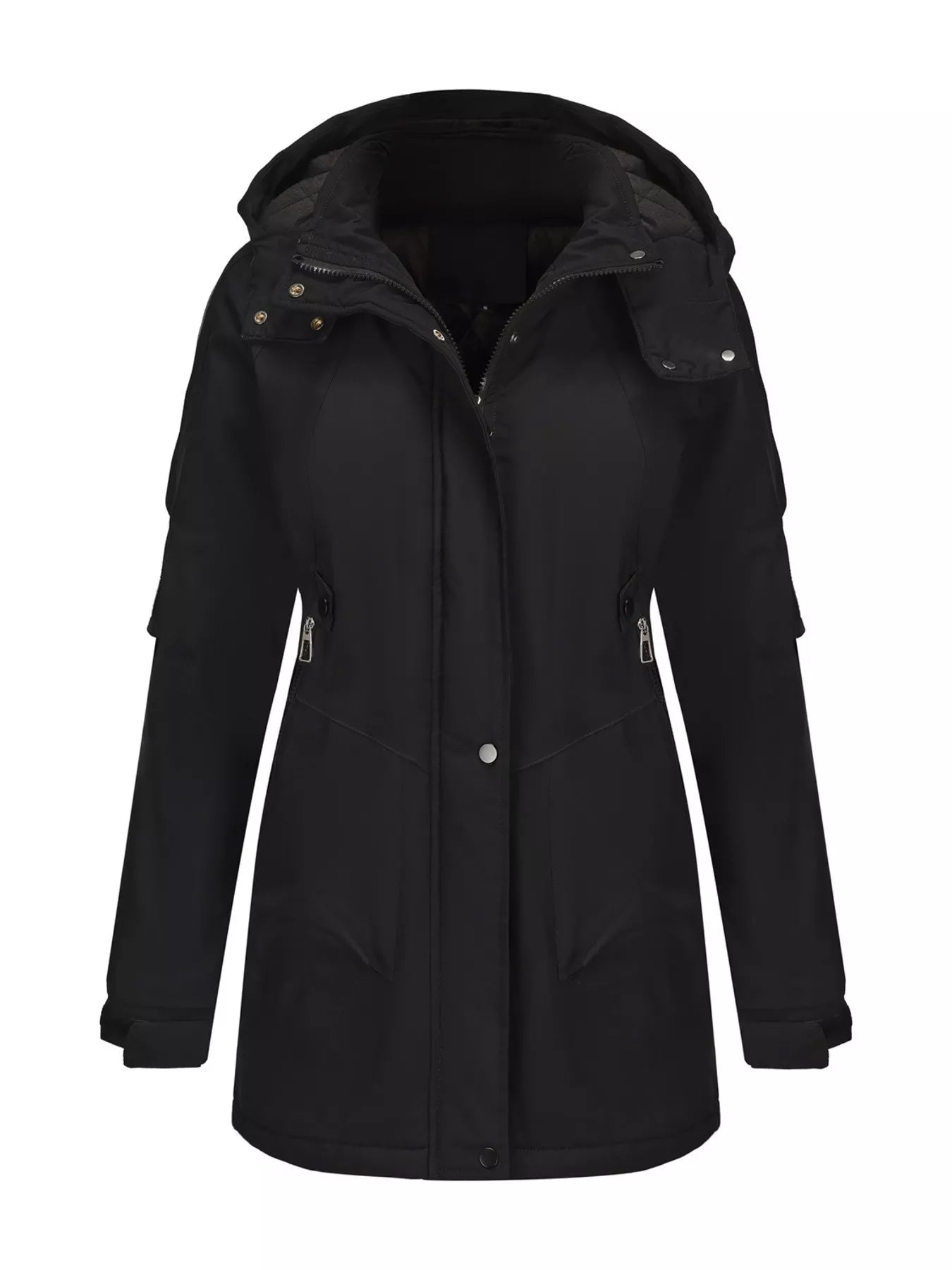 Sarah Express Women's Hooded Mid-Length Windproof Outerwear Plus Size Black