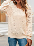Sarah Express Women's Openwork Round Neck Long Sleeve Sweater