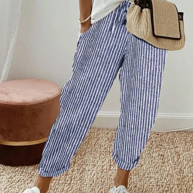 Women's Summer Striped Casual Pants - Loose Fit Elastic Waist Trousers