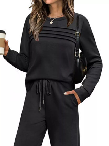 Sarah Express Women's Plus Size Round Neck Long Sleeve Top and Pants Lounge Set - Two Piece