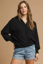 Sarah Express women’s long sleeve linen-cotton blend blouse with a comfortable elastic hem.
